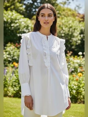 Isabel Marant Etoile Orsenia White Ruffled  Poplin Mini Shirt Dress/Tunic Sz L